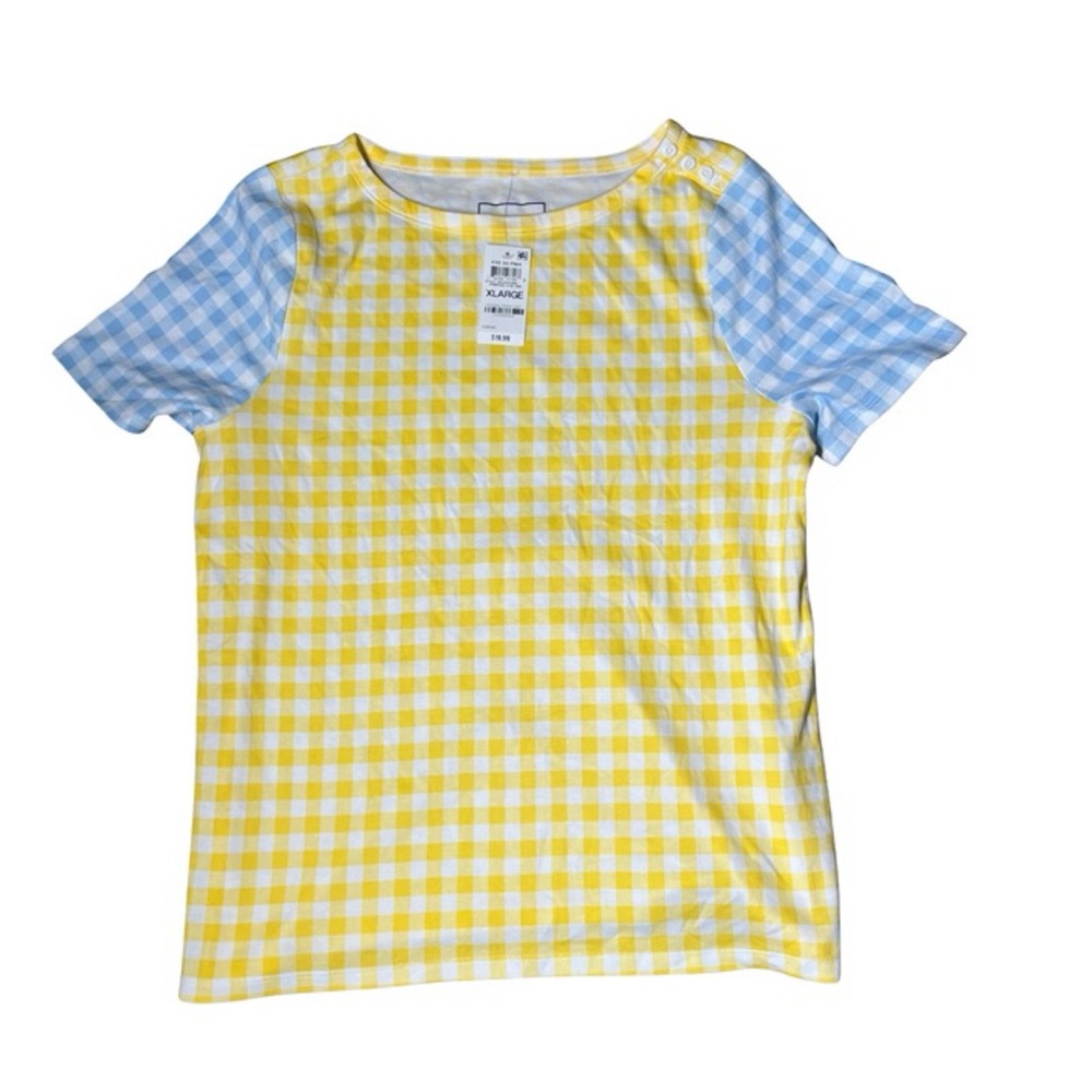 Women's Charter Club Checkered Tee Yellow & Blue Colorblock Short Sleeve Top